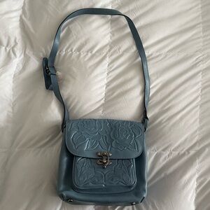 Patricia Nash Blue Leather Rose Tooled Purse with Adjustable Strap